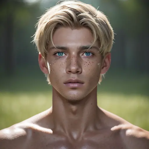 Create an image of a teenager with dark skin and blond hair, light grayish green eyes and freckles on his face and he has some b...