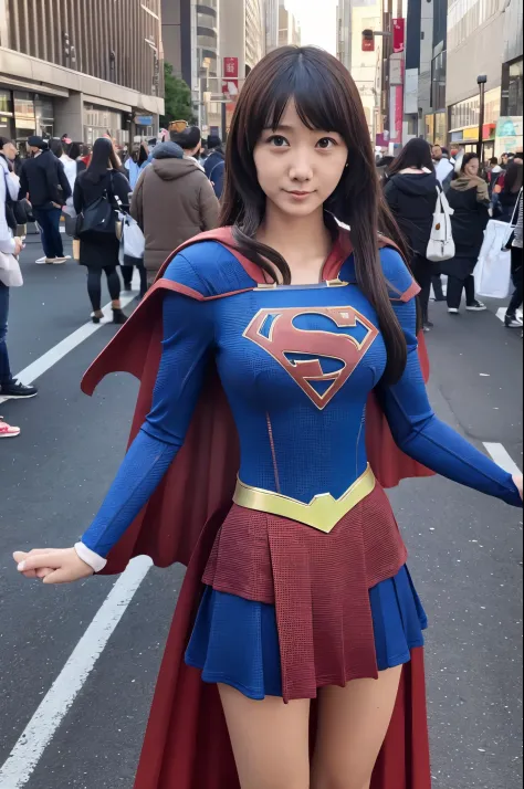 (High reality photograph, high resolusion, detailed face, detailed eyes), Japanese young lady, various face expression, solo:1, skinny figure, medium breasts, emphasizing very thin waist, various hair style, (((Supergirl Costume))), Black pantyhose on your...