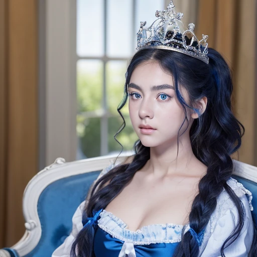 A 13-year-old girl with wavy hair tied in a ponytail is as blue as the sky, your skin is extremely pale and your eyes, eyebrows and eyelashes are blue. She is sitting on a throne with a big crown on her head and looks serious and determined. In Fantasty 3D style