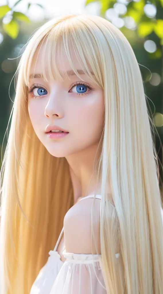 Silky super long shiny bright blonde hair、very cute beautiful sexy blonde white girl、so perfect beautiful cute face、long bangs b...