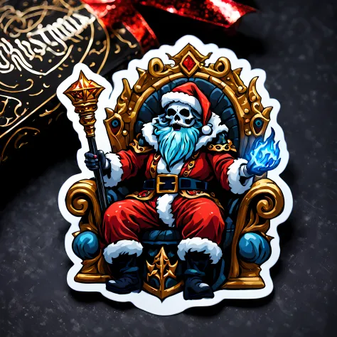 (Top-down view of a sticker lying on a table). | Masterpiece in maximum 16K resolution. | A sticker of a majestic ((sinister Lich Santa)) with skeletal face, sitting upon a menacing golden throne, plucking the strings of his electron guitar. | Vibrant ribb...