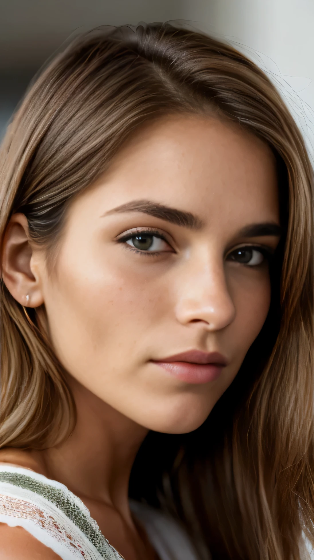 A close up of a woman with long hair and a white top - SeaArt AI