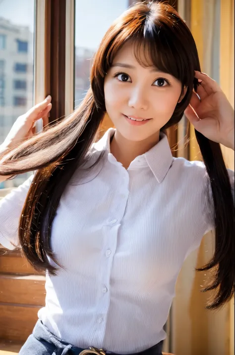 (High reality photograph, high resolusion, detailed face, detailed eyes) Skinny Japanese lady, 30 years old, cute face, various face expression, various hair style, skinny figure, medium breasts, very thin waist, in a japanese room, wearing tight shirt and...