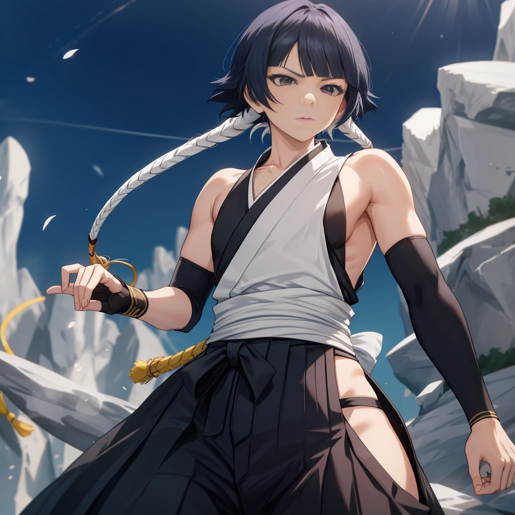 ( anime screen cap:1.1),Outdoors, 
1girl in, Solo, Black hair, sideboob barbosa,Standing, Short hair with long locks, hip vent, Short hair, small chest brown eyes:1.1),Black Hakama, No bra, gloves, Hakama skirt,low twin braids,sash,Cowboy Shot, face to the viewer, Looking at Viewer, serious faces,From below,Combat stance，腕を前に出してCombat stanceの構え，His whole body is covered in a white aura.