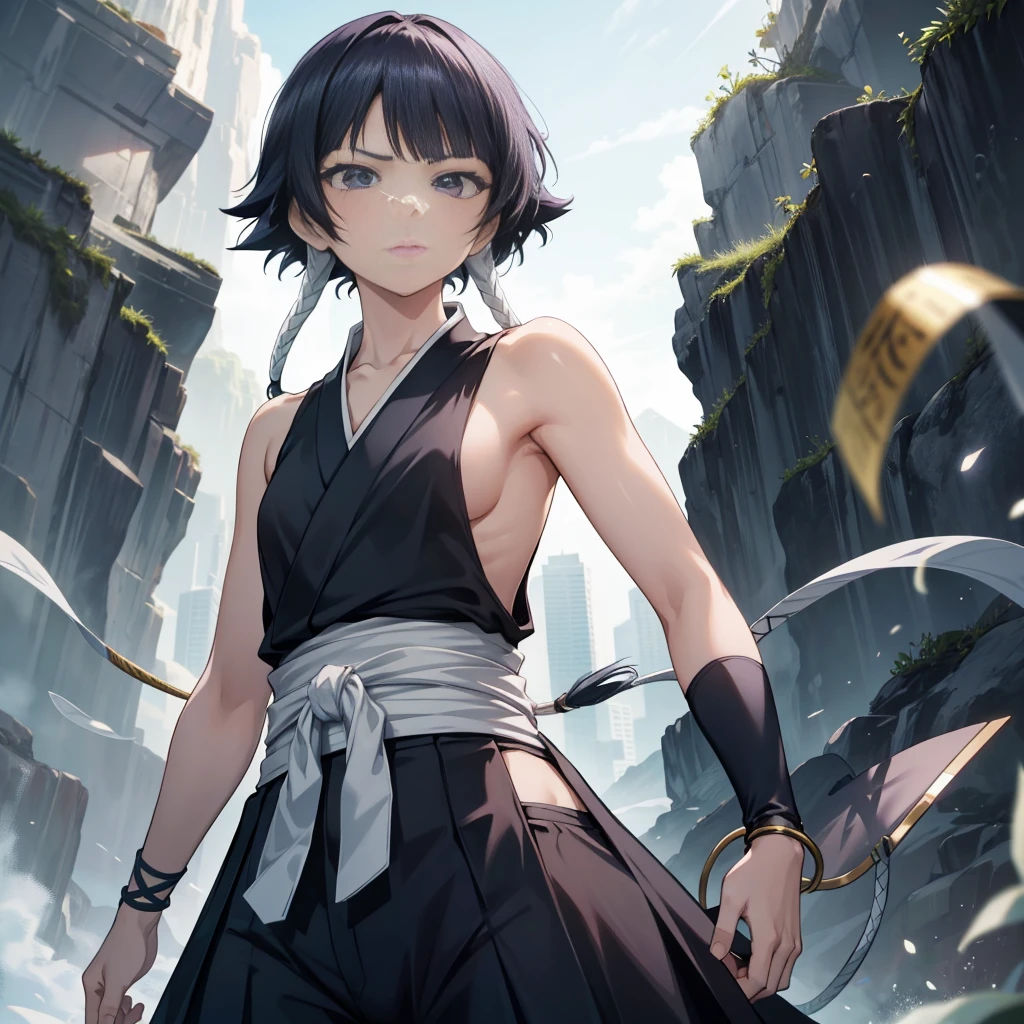 ( anime screen cap:1.1),Outdoors, 
1girl in, Solo, Black hair, sideboob barbosa,Standing, Short hair with long locks, hip vent, Short hair, small chest brown eyes:1.1),Black Hakama, No bra, gloves, Hakama skirt,low twin braids,sash,Cowboy Shot, face to the viewer, Looking at Viewer, serious faces,From below,Combat stance，腕を前に出してCombat stanceの構え，The whole body is surrounded by a white aura.