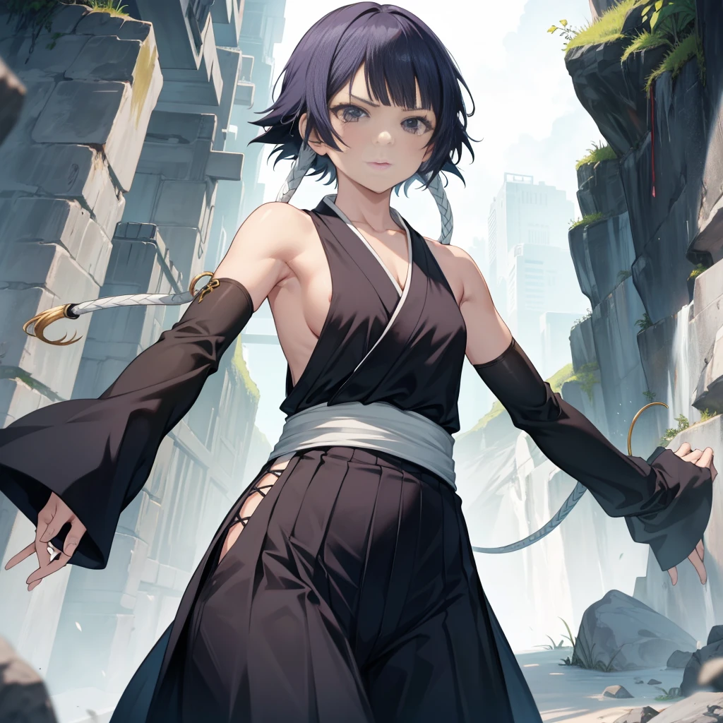 ( anime screen cap:1.1),Outdoors, 
1girl in, Solo, Black hair, sideboob barbosa,Standing, Short hair with long locks, hip vent, Short hair, small chest brown eyes:1.1),Black Hakama, No bra, gloves, Hakama skirt,low twin braids,sash,Cowboy Shot, face to the viewer, Looking at Viewer, serious faces,From below,Combat stance，腕を前に出してCombat stanceの構え，The whole body is surrounded by a white aura.