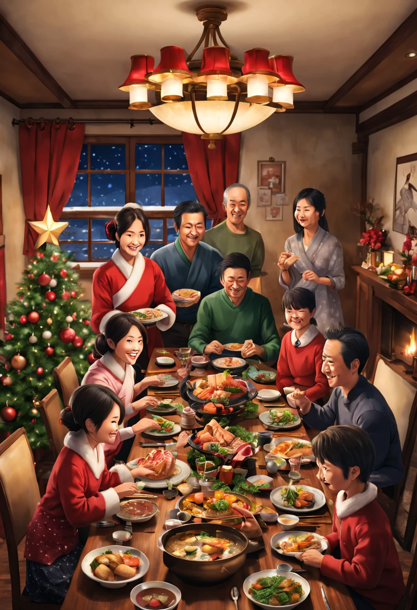 japanese family gathering in xmas, (masterpiece), detailed, happy family, dinner, living room