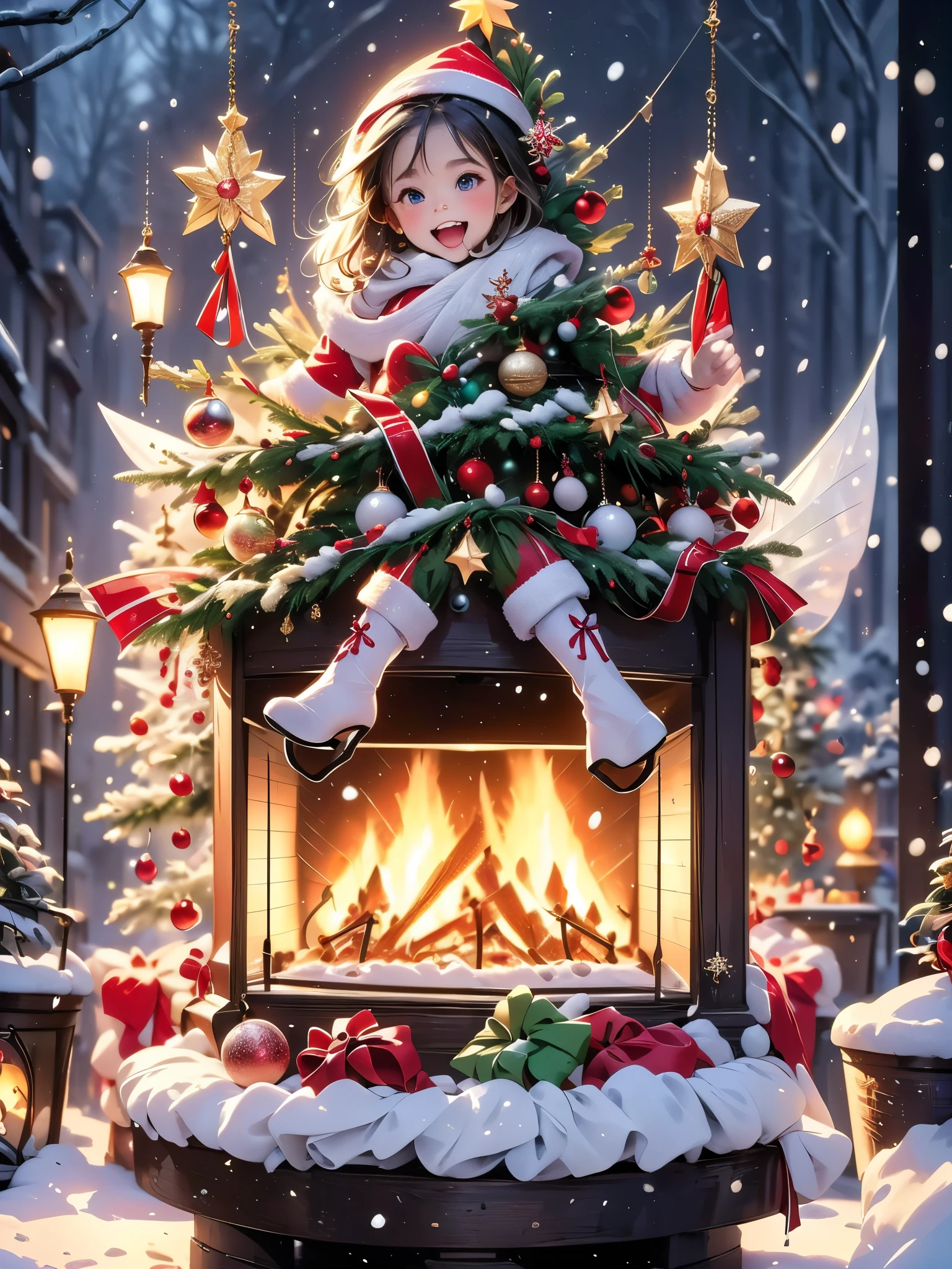 (best quality,4k,8k,highres,masterpiece:1.2),ultra-detailed,realistic,professional,vivid colors,bokeh,A 5-year-old girl opening a Christmas gift,studio lighting,painting texture,magic atmosphere,bright colors,happiness,detailed facial expression,joyful eyes,cute smile,excitement,sparkling lights,elegant wrapping paper,beautifully decorated Christmas tree,colorful ornaments,soft glowing candles,fluffy snow outside,warm fireplace,happy family celebration,cozy living room,magical Christmas Eve,enchanting spirit of Christmas,wonder and anticipation,festive atmosphere,decorative ribbons and bows,flying golden stars,fairy lights,twinkling decorations,belief in Santa Claus,delightful surprise,innocent wonder,memorable moment,snowflakes falling quietly,Merry Christmas!