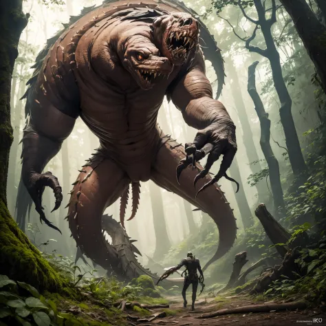 (best quality,4k,highres,masterpiece:1.2),ultra-detailed,(realistic,photorealistic,photo-realistic:1.37),creepy monster climbs tree,serpentine body,many legs,big claws,huge teeth,portraits,dark color palette,dramatic lighting