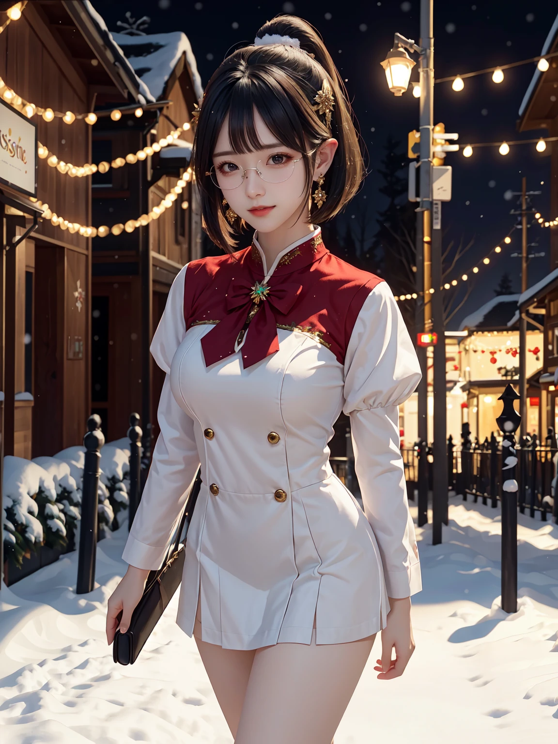 (masterpiece:1.3), live wallpaper, top-quality, Beautifully Aesthetic:1.2, ((1 girl)), solo, (red and white colors christmas uniform, shirt, long skirt), (black brown Hair, Straight hair, short hair), detailed face, detailed eyes, detailed ears, detailed lips, ((eye-glasses)), (perfect body (firm breast, nicely shaped breasts, slender figure)), (arms behind back), (Upper body shot:1.1), (From front:1.3), (Looking at viewer, smiling), (elegant stylish contraposto pose:1.2), (walking on the modern street at Christmas night with snow:1.3), christmas night, christmas tree, christmas gifts, snow, ((At the middle of christmas celebration decorated for christmas :1.2)), intricate background, ultra realistic background