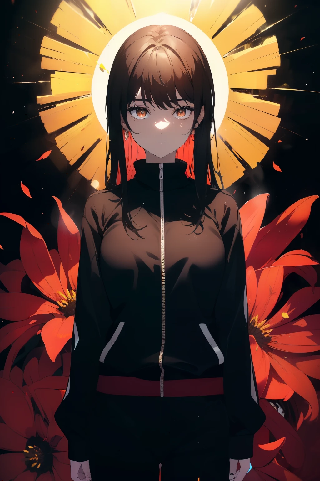 ((((Obra maestra, La mejor calidad, ultrahigh resolution)))), 1girl, standing, (((wearing a black tracksuit))), (long black hair in view, in frame), pale skin, ((brown eyes)), (glowing_eyes, luminescent eyes), (ultra detailed eyes:0.7, beautiful and detailed face, detailed eyes:0.9), ((centered)), smile, ((wide shot)), facing viewer, (((vibrant background of outdoors, field of flowers, bright lighting, summer, sunlight))), flat chested, looking at viewer, ((perfect hands)), ((head:1, hips, elbows, arms, in view)), ((hands behind back)), beautiful lighting, defined subject, (18 years old), ((cool looking)), ((sun glare))