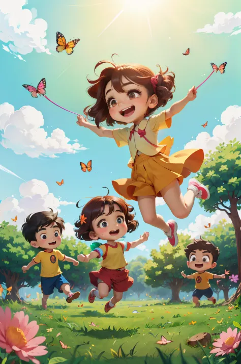 2 Head body anime，Children，5个孩子在grassy fields上快乐玩耍，Two young boys catch butterflies with butterfly nets，Three little girls jumpi...