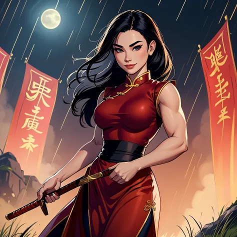 mulan, 1girl solo focus, young women, black hair, (wearing red chinese dress, pants:1.3), cheerful, close smile, muscular physiq...