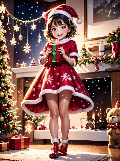 (best quality, highres), A 5-year-old girl opening a Christmas gift, (joyful, excited), detailed expression of happiness, sparkl...