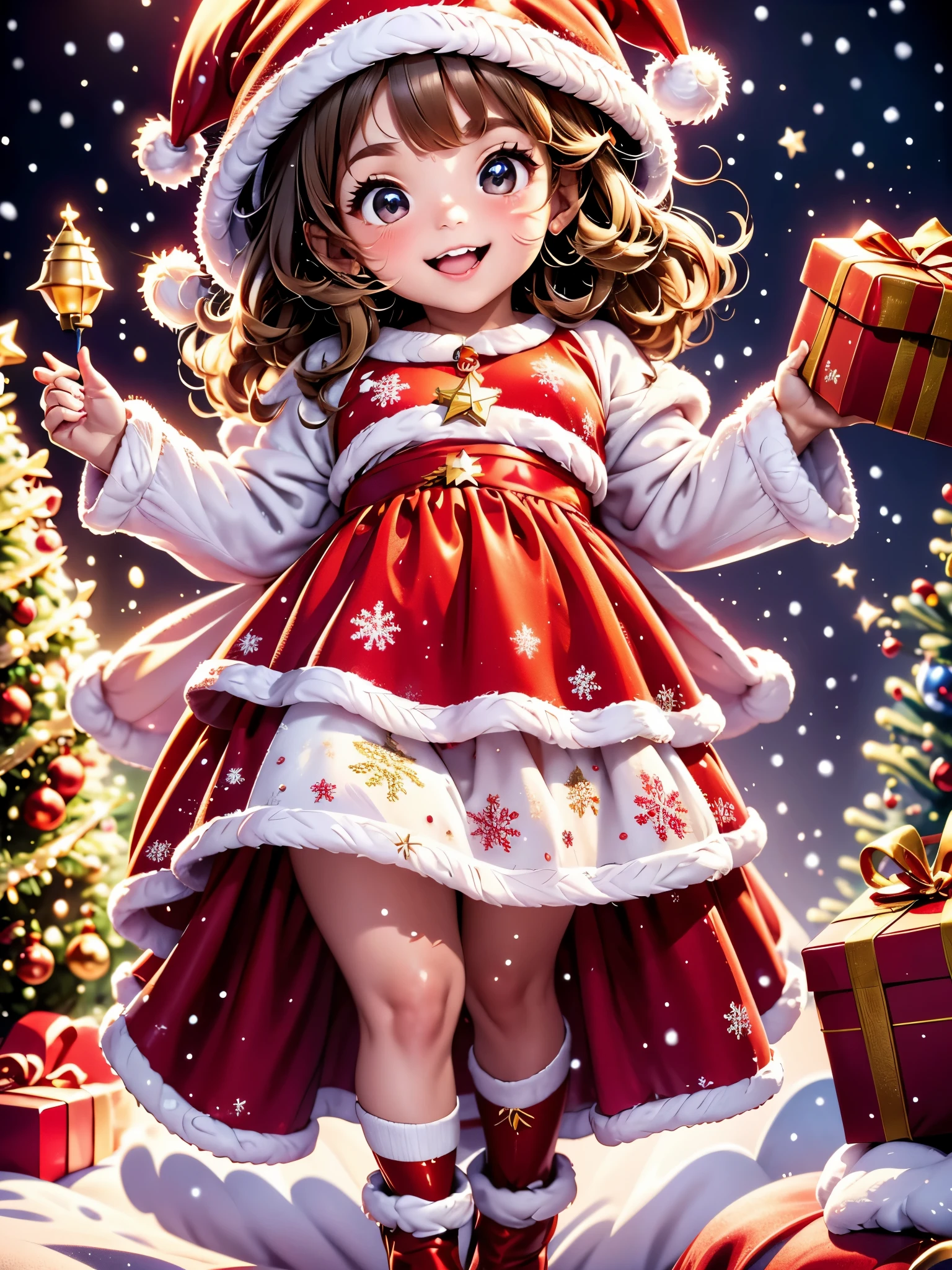 (best quality, highres), A 5-year-old girl opening a Christmas gift, (joyful, excited), detailed expression of happiness, sparkling eyes, a wide smile [curly-haired girl], dressed in a charming red party outfit [red dress, shiny shoes], delicate little hands [red painted nails] holding the gift box carefully, colorful wrapping paper [shimmering, sparkly] with a golden bow, a cozy warm room [fireplace, Christmas tree], soft glowing lights [twinkling, warm], snowflakes falling outside [winter wonderland] creating a magical atmosphere, a glimpse of a teddy bear [fluffy, huggable] peeking out from under the Christmas tree, the room filled with anticipation and love, capturing the essence of the festive holiday spirit.