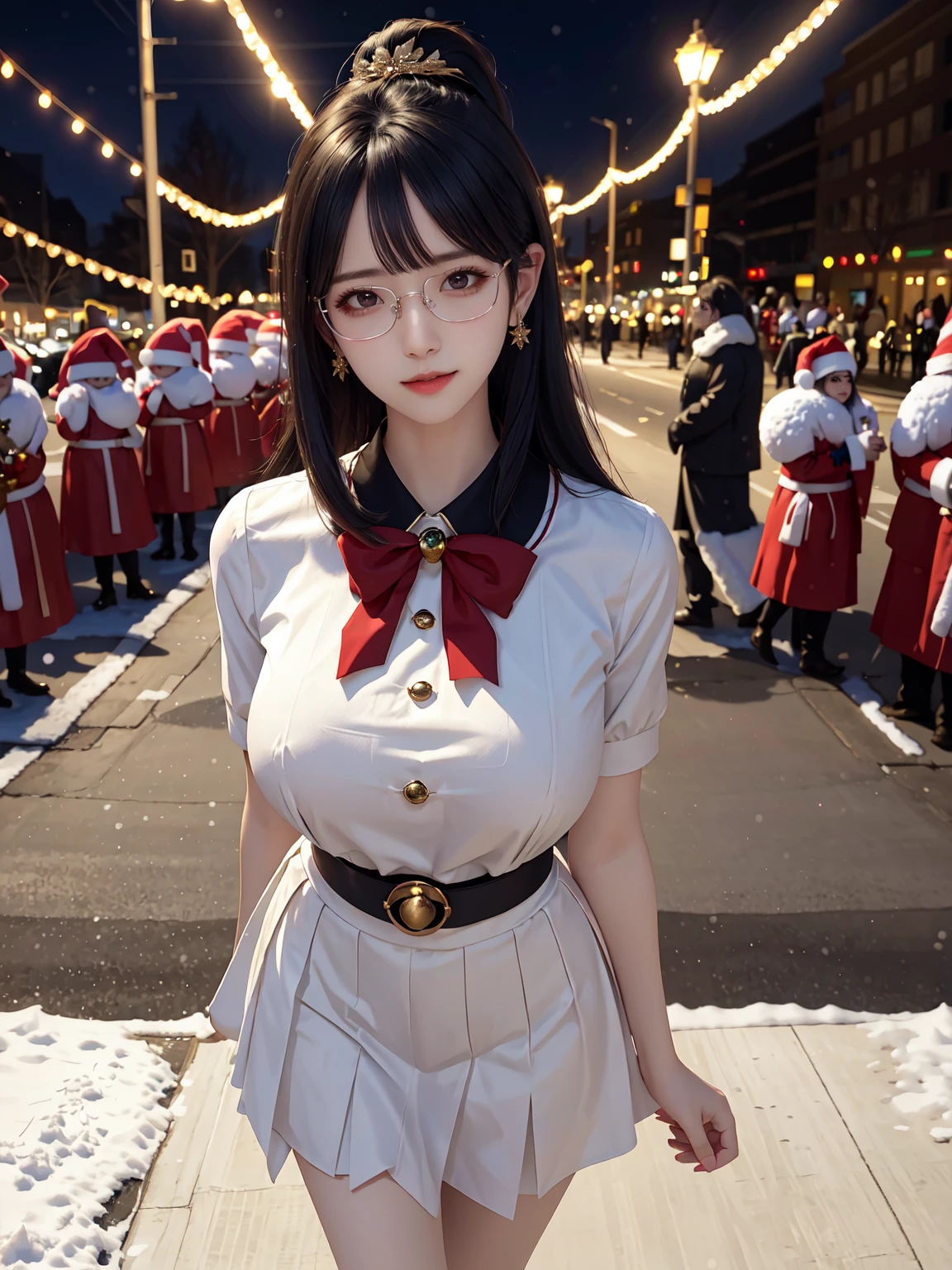 (masterpiece:1.3), live wallpaper, top-quality, Beautifully Aesthetic:1.2, ((1 girl)), solo, (red and white colors christmas uniform, shirt, long skirt), (black brown Hair, Straight hair, short hair), detailed face, detailed eyes, detailed ears, detailed lips, ((eye-glasses)), (perfect body (firm breast, nicely shaped breasts, slender figure)), (arms behind back), (Upper body shot:1.1), (From front:1.3), (Looking at viewer, smiling), (elegant stylish contraposto pose:1.2), (walking on the modern street at Christmas night with snow:1.3), christmas night, christmas tree, christmas gifts, snow, ((At the middle of christmas celebration decorated for christmas :1.2)), intricate background, ultra realistic background