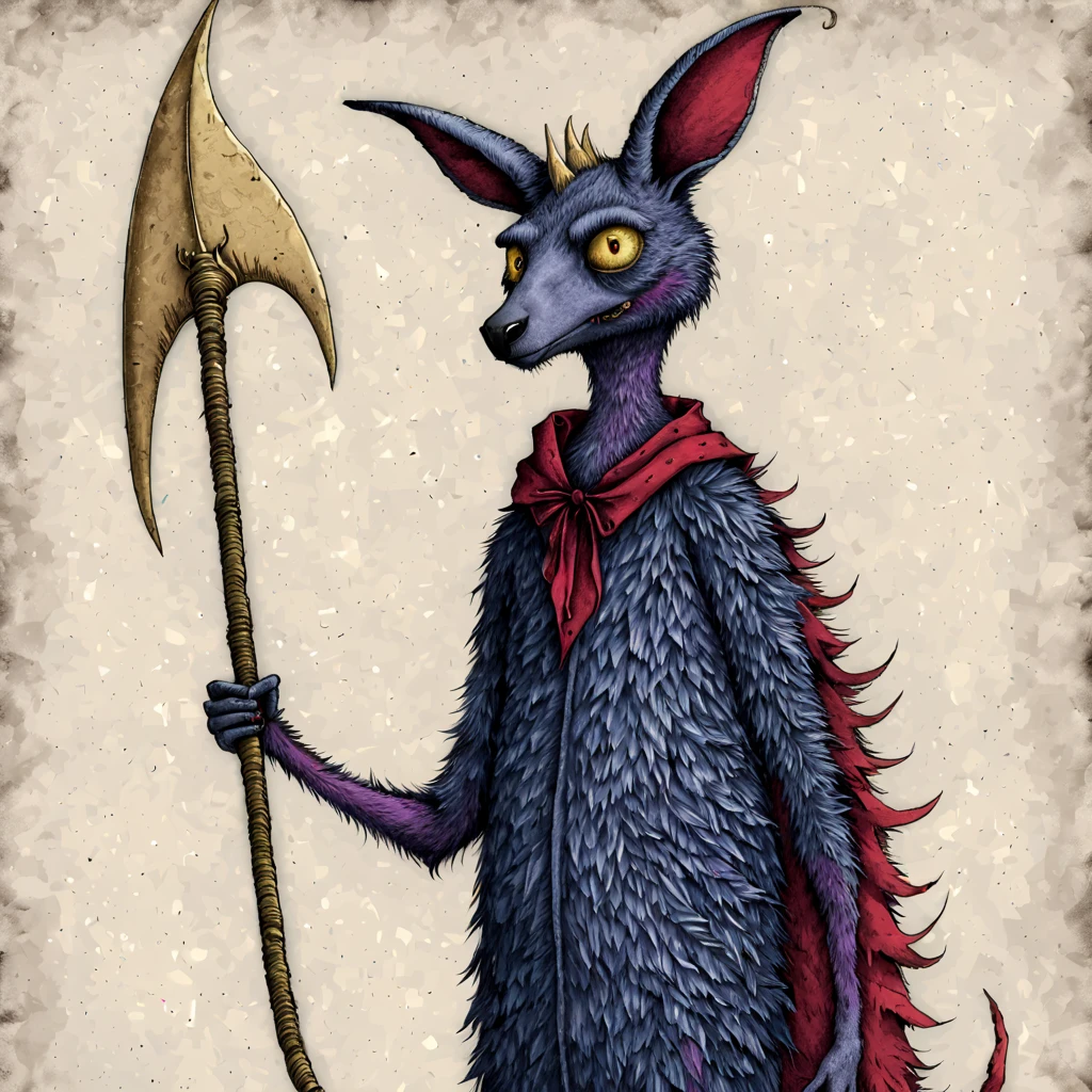 (edwardgorey style:1)Kangaroo that is demon-like with blue fur, purple legs, dark blue wings, and red shoulder pads with golden horns and a scythe