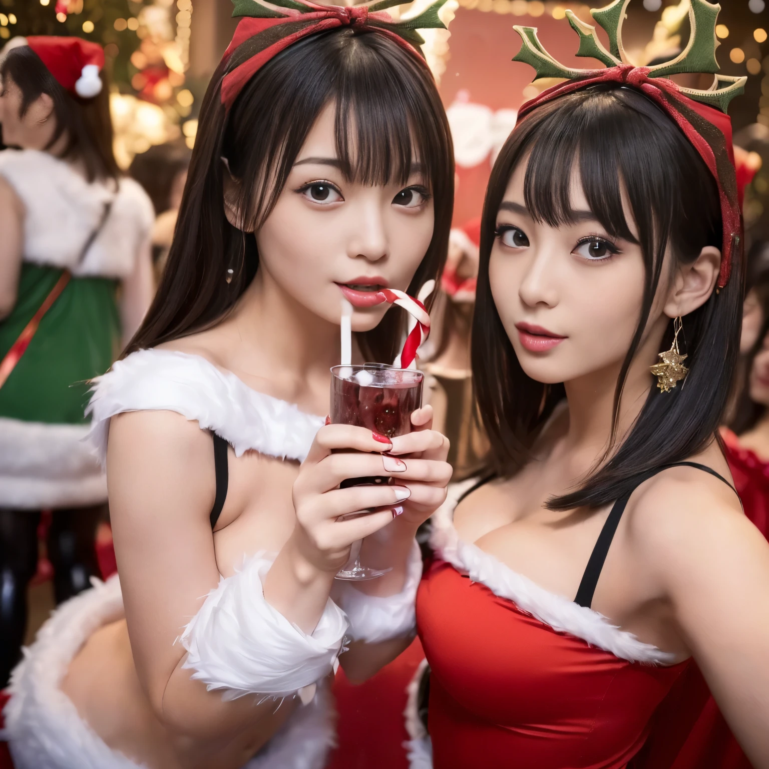 Two asian women dressed in santa outfits holding up drinks - SeaArt AI