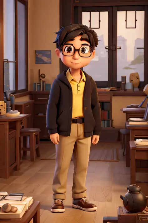 high high quality，Stylized，Asian people，ssmile，black-frame glasses，Nerd本，Quiet，中年One guy，One guy，Nerd，The scholar，brunette color hair，yellow eyes，skillful，affinity，gentleness，a little bit chubby，Nerd包，tidal current，Eyebrow shaping