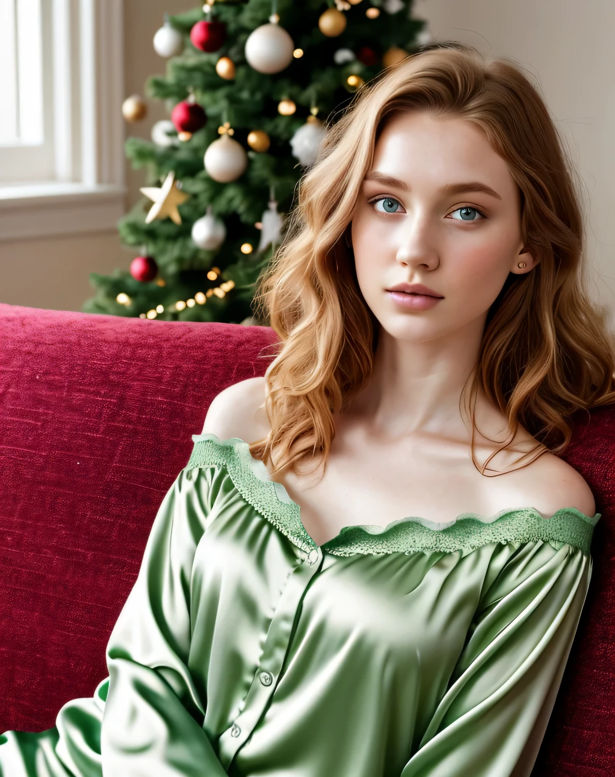 1girl in, age19, Solo, Aesthetic artwork, irish, wavy ginger hair, shoulder length hair, gray eyes, light grey eyes, pale skin, A-cup, small breasts, runners body, (textured skin, skin pores:1.1), goosebumps, candid fully body shot of woman wearing silk green pyjamas with Christmas tree in background opening gifts while sitting on a couch, sexy, (extremely detailed 8k wallpaper), soft lighting, high quality, film grain, Fujifilm XT3 sharp focus, f 22, 24mm, High Detail, Sharp focus,(natural light), crazy details, complex details, hyperdetailed, close-up, hands hidden