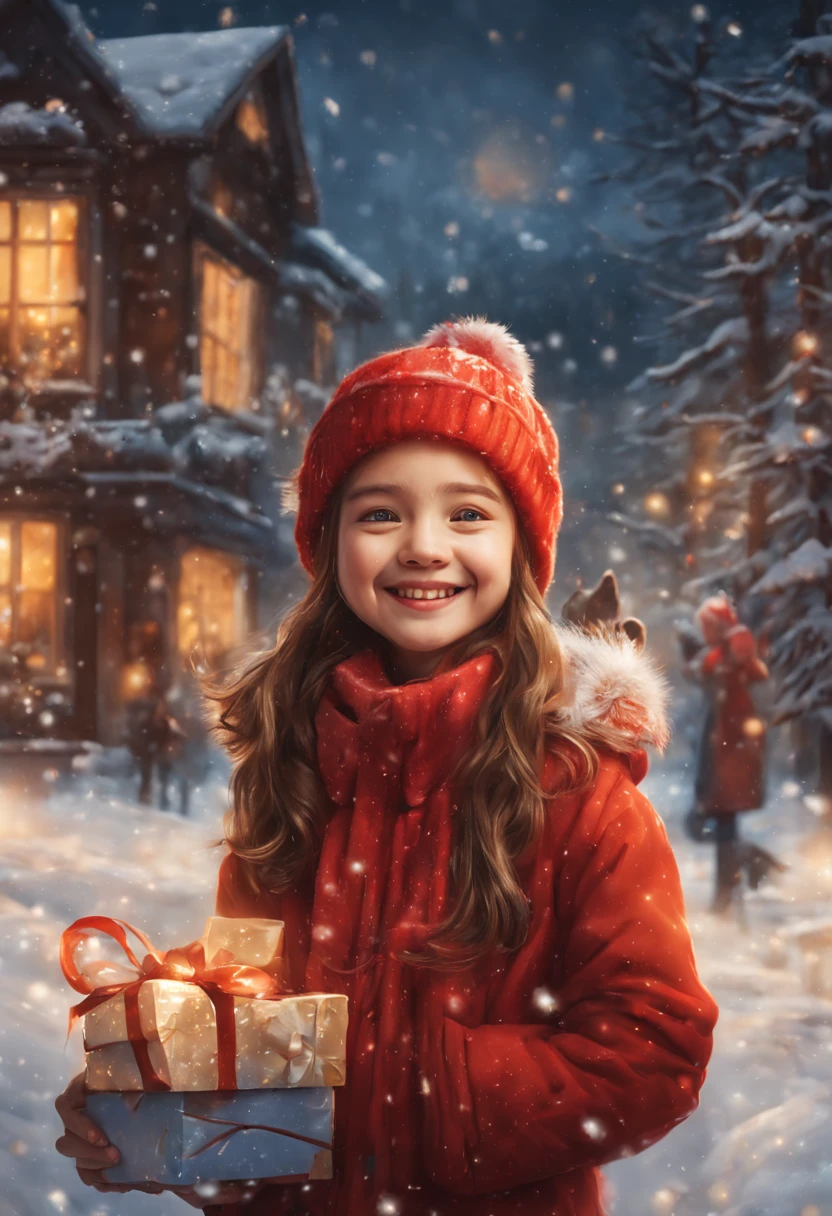 a painting. winter. One girl 20 years age  standing with gifts in winter red dress facing camera smiling and laughing, brown hair, winter cap, influencer style, in background Amidst snow-kissed pines and festive cheer, r a joyous holiday season.  magic of Christmas, night time starry night with snow, laughter and love. Season's Greetings, in background snowy house, Kids playing snowballs, snowmen, Sledding down the hill, skating. rink. Pine trees in the snow. Frosty Day. The city. High-rise buildings. merriment. joying. A lot of children in background, snow man, dog, gifts, warm christmas , girl smilling facing camera, 20 year 25year old, gifts in hand, , orange glow in sky, dawn