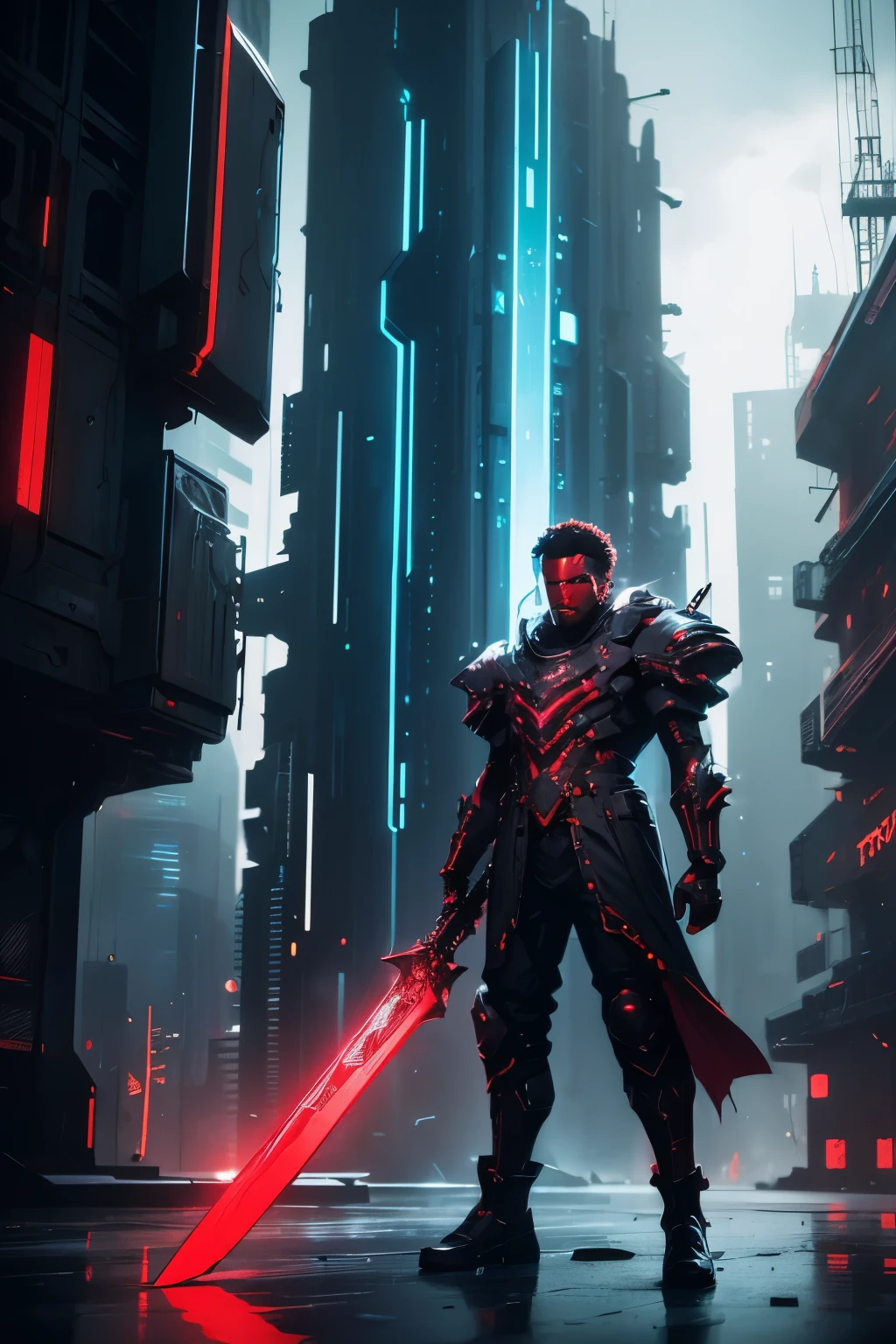 "Fotografía cruda con un aire futurista y cyberpunk., con una poderosa espada de gran tamaño empuñada por un hombre de color rojo oscuro con un 1.2x énfasis, creando un contraste sorprendente.
