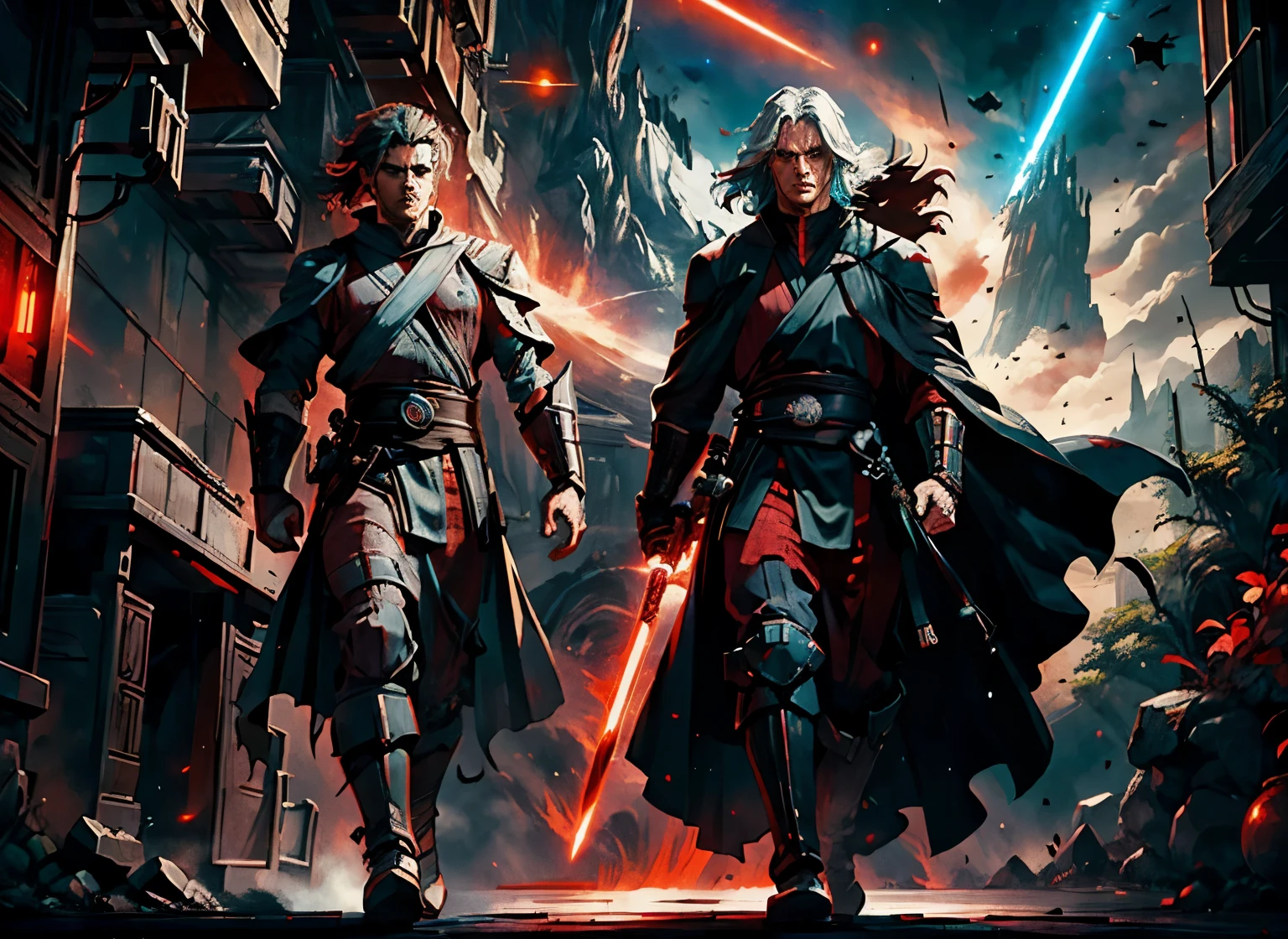 2 wilde Jedi-Krieger, men, Sith-Roben, rote Lichtschwerter, kriegsbereit, Weltraumoper, riesige Raumschiffe, Spuren der Gewalt um die Männer