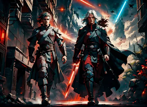 2 fierce Jedi warriors, men, sith robes, red light sabers, ready for war, space opera, massive space ships, traces of the force ...