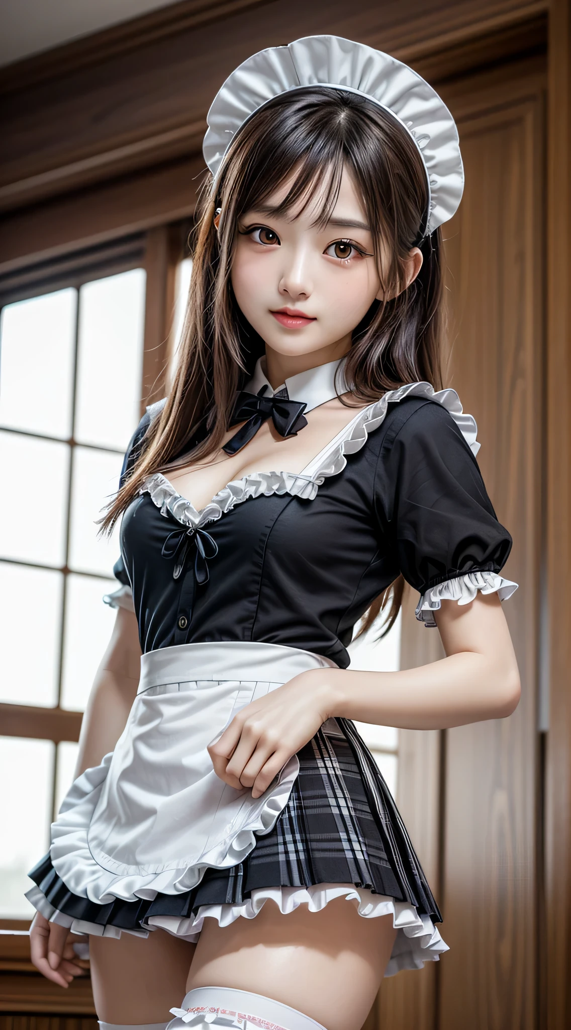 (1young girlrown hair, Amazing face and eyes, Pink eyes, seducting smile, (Maid café costume with frills, Pleated mini-skirt:1.5), (Wide open maid cafe costume:1.2), bared  chest, (amazingly beautiful girl), Brown hair, Stylish hair ornamen Quality:1.4), (Ultra-detailed), (extremely detailed CG unified 8k wallpaper), Highly detailed, High-definition raw color photos, Professional Photography, depth of fields, (View from below),