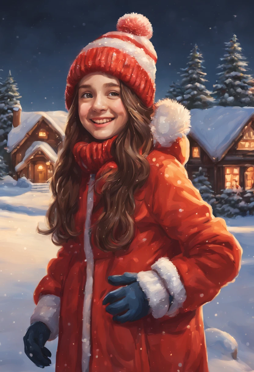 a painting. winter. One girl 20 years age  standing with gifts in winter red dress facing camera smiling and laughing, brown hair, winter cap, influencer style, in background Amidst snow-kissed pines and festive cheer, r a joyous holiday season.  magic of Christmas, night time starry night with snow, laughter and love. Season's Greetings, in background snowy house, Kids playing snowballs, snowmen, Sledding down the hill, skating. rink. Pine trees in the snow. Frosty Day. The city. High-rise buildings. merriment. joying. A lot of children in background, snow man, dog, gifts, warm christmas , girl smilling facing camera, 20 year 25year old, gifts in hand, , orange glow in sky, dawn