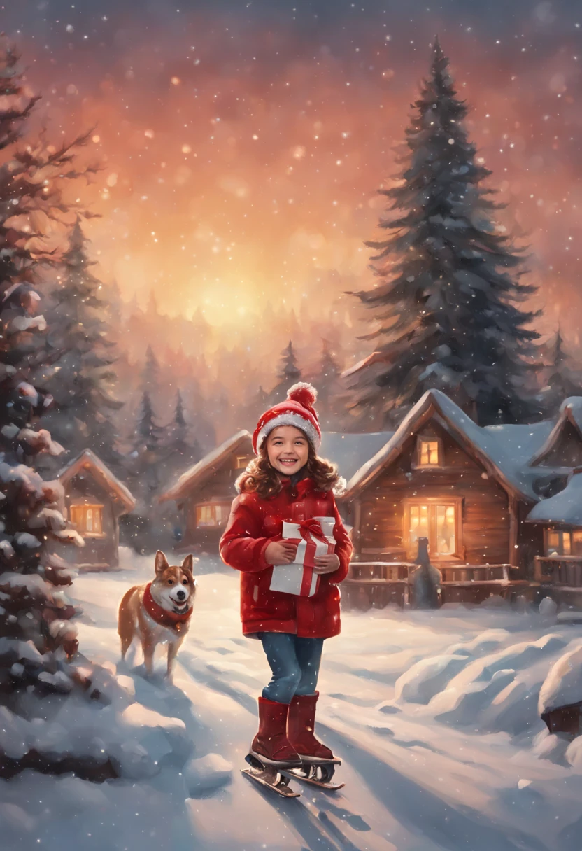 a painting. winter. One girl 20 years age  standing with gifts in winter red dress facing camera smiling and laughing, brown hair, winter cap, influencer style, in background Amidst snow-kissed pines and festive cheer, r a joyous holiday season.  magic of Christmas, night time starry night with snow, laughter and love. Season's Greetings, in background snowy house, Kids playing snowballs, snowmen, Sledding down the hill, skating. rink. Pine trees in the snow. Frosty Day. The city. High-rise buildings. merriment. joying. A lot of children in background, snow man, dog, gifts, warm christmas , girl smilling facing camera, 20 year 25year old, gifts in hand, , orange glow in sky, dawn