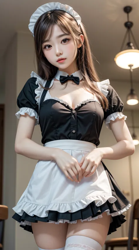 (1young girlrown hair, Amazing face and eyes, Pink eyes, seducting smile, (Maid café costume with frills, Pleated mini-skirt:1.5), (Wide open maid cafe costume:1.2), bared  chest, (amazingly beautiful girl), Brown hair, Stylish hair ornamen Quality:1.4), (...