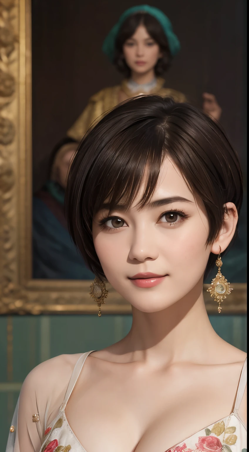 140
(a 20 yo woman,in the palace), (A hyper-realistic), (high-level image quality), ((beautiful hairstyle 46)), ((short-hair:1.46)), (kindly smile), (breasted:1.46), (lipsticks), (is wearing dress), (murky,wide,Luxurious room), (florals), (an oil painting、Rembrandt)
