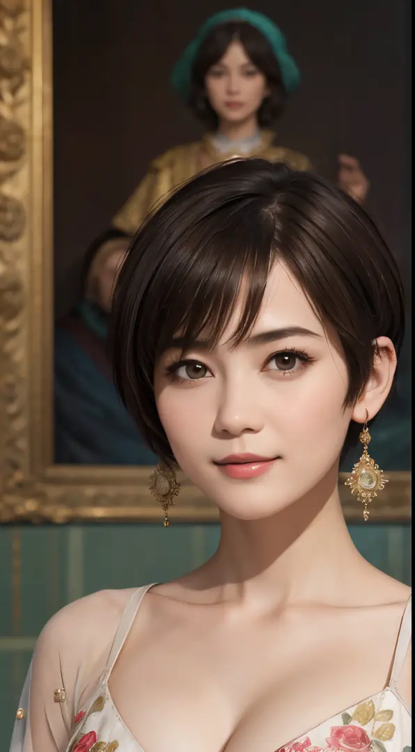 140
(a 20 yo woman,in the palace), (A hyper-realistic), (high-level image quality), ((beautiful hairstyle 46)), ((short-hair:1.4...
