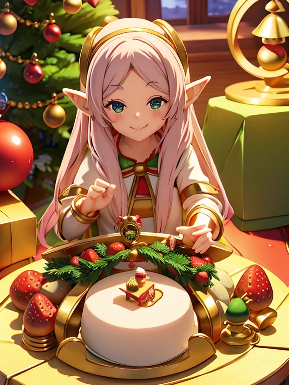 Big treasure chest、Cute smiling elf sitting、lots of treasures and sweets、Christmas tree、Strawberry cake、number々treasure of、Christmas present、Christmas Lights、