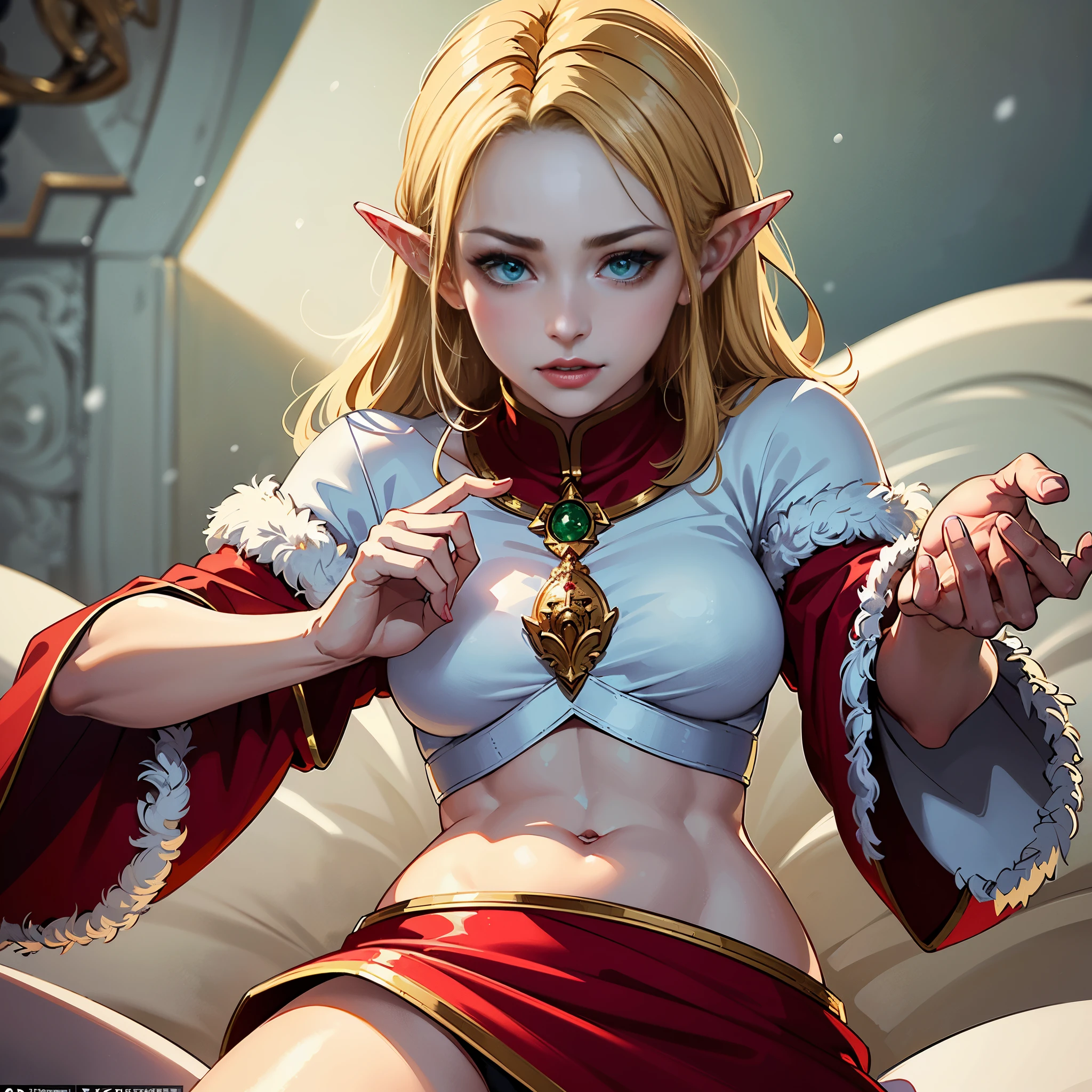 ((Quality: masterpiece, best quality, UHD, anatomically correct, photo realism, textured and detailed skin, skin pores, skin imperfections, textured and detailed hair, dramatic lighting, high contrasting light and shadows, complimentary colours, perfect hand, defined fingers, 5 fingers, 1 solo woman)), inspired by a mischievous elf helping santa with christmas presents, ice, snow, north pole, ((white, red, gold, green))