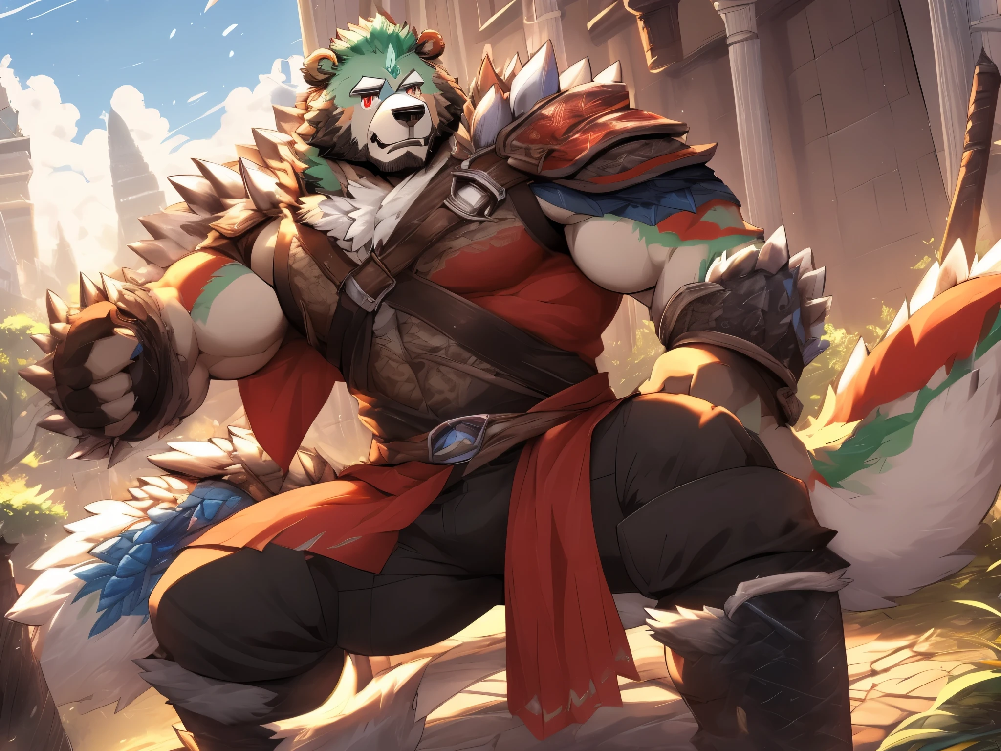 anthro ((bear)), furry, bear, green fur, green hair, ((beard)), male, white eyebrows, red eyes, masterpiece, ((Best quality)), character focus solo, handsome, middle-aged, mature, muscle body, sexy, dilf, full body, (((jinpei))), (((monster hunter))), (((weilding nodachi))), (((fighting rathalos from monster hunter world))), (((in the city)))