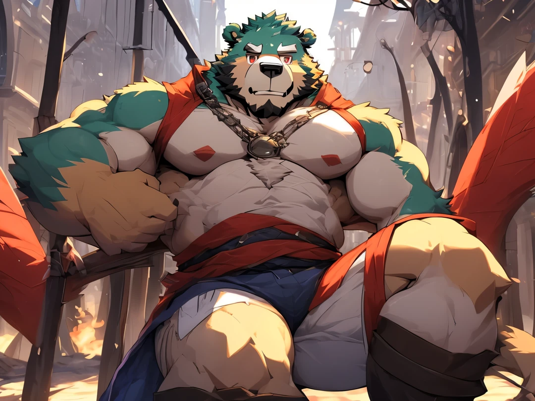 anthro ((bear)), furry, bear, green fur, green hair, ((beard)), male, white eyebrows, red eyes, masterpiece, ((Best quality)), character focus solo, handsome, middle-aged, mature, muscle body, sexy, dilf, full body, (((jinpei))), (((monster hunter))), (((weilding nodachi))), (((fighting rathalos from monster hunter world))), (((in the city)))