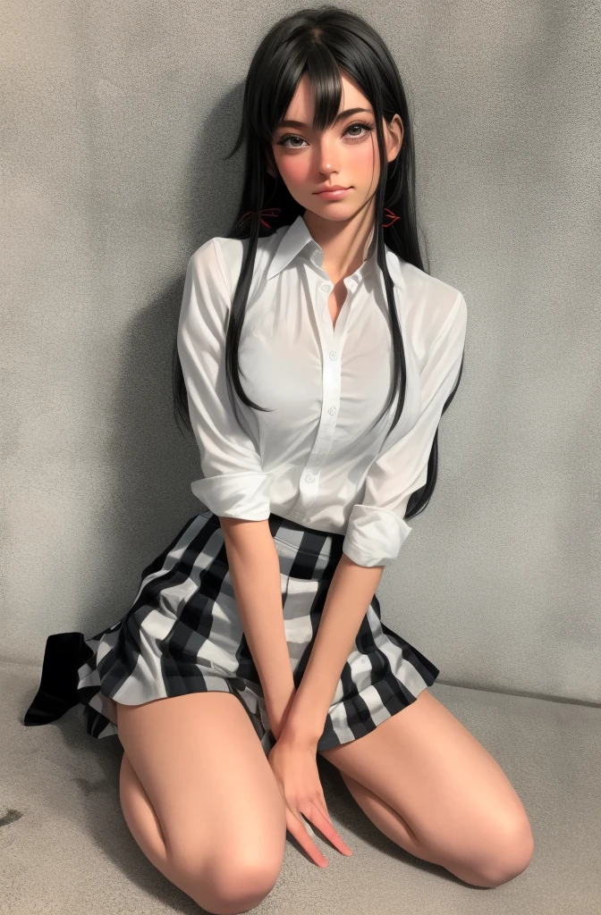 (フルフィギュア:1.1), (1 girl as yukino yukinoshita:1.5), 高解像度, 一人で, 巨乳, 腰までの長さの黒髪, (ツインテール:0.5), (プリーツスクールミニスカート:1.5), (黒のニーハイソックス:1.5), (ゆるい赤いリボン:1.2), (コットンスカート:1.5), (ボタンを外した白いシャツ:1.4), (アヘ顔:1.5), 緑の目, (目を回す:1.5), (裸の胸:1.5), 足を広げる, 足を大きく開いて, (薬物中毒:1.5), 四つん這い