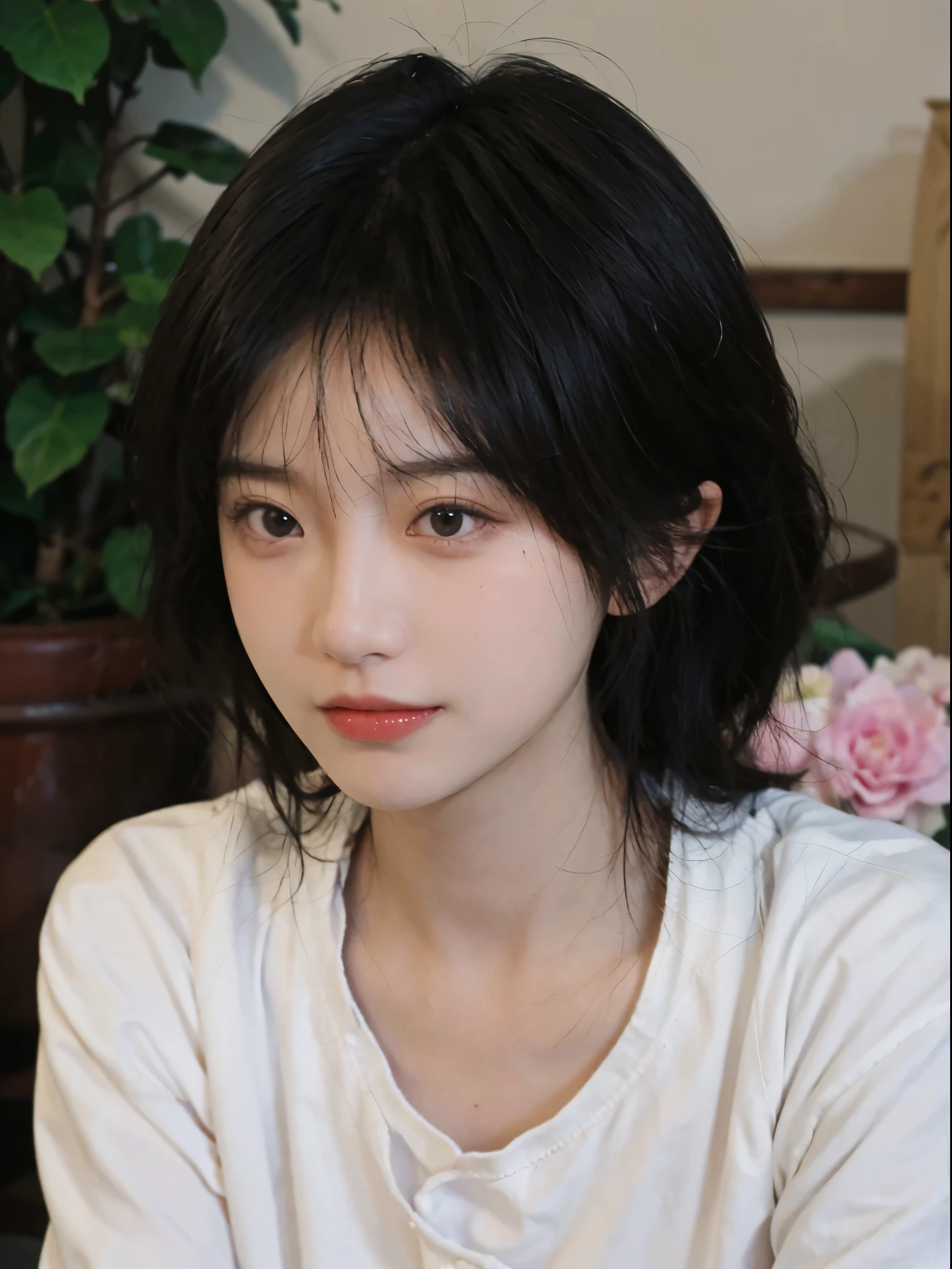 Best quality， Ultra-high resolution， （realistically：1.4），There is a woman wearing a sweater and a white shirt, YoungCute Korean face, Eggs with Cute and delicate face, a cute young woman, she has a cute face, ruffled flower collar, Cute Korean face, pale milky white porcelain skin, wearing collar on neck, Cute and delicate face, ulzzangs, thick collar, Baiji haircut hairstyle