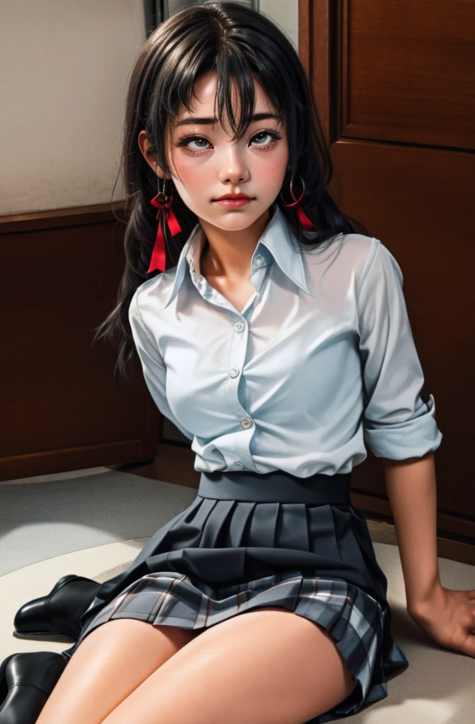 (full figure:1.1), (1 girl as yukino yukinoshita:1.5), highres, solo, big breasts, waist long black hair, (twintails:0.5), (pleated school miniskirt:1.5), (black knee-high socks:1.5), (loose red ribbon:1.2), (cotton skirt:1.5), (unbuttoned white shirt:1.4), (ahegao:1.5), green eyes, (rolling eyes:1.5), (naked breasts:1.5), spread legs, (squatting:1.1), legs wide open, (drugged:1.5), spanked, spanking,
slap mark