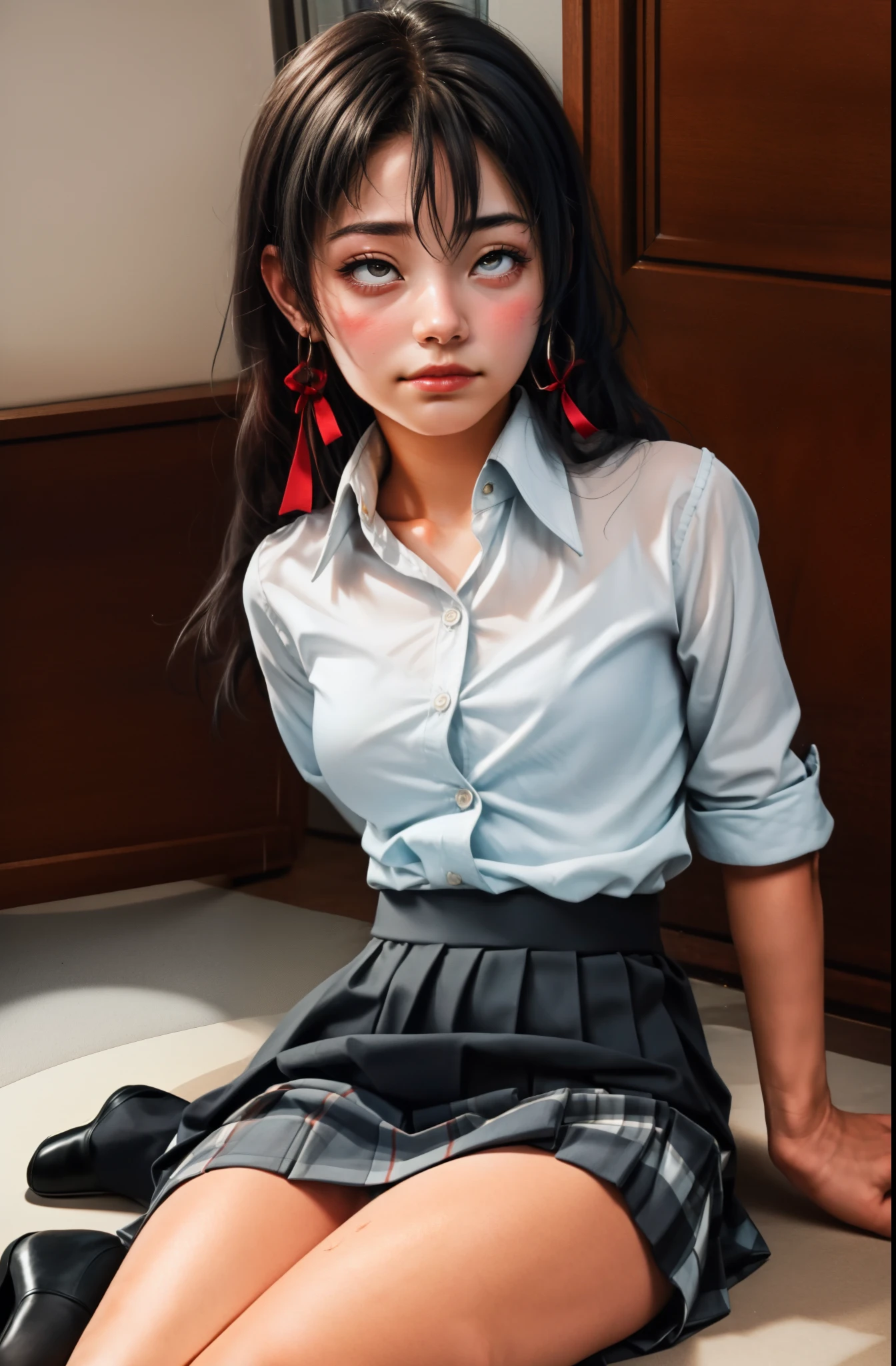 (full figure:1.1), (1 girl as yukino yukinoshita:1.5), highres, solo, big breasts, waist long black hair, (twintails:0.5), (pleated school miniskirt:1.5), (black knee-high socks:1.5), (loose red ribbon:1.2), (cotton skirt:1.5), (unbuttoned white shirt:1.4), (ahegao:1.5), green eyes, (rolling eyes:1.5), (naked breasts:1.5), spread legs, (squatting:1.1), legs wide open, (drugged:1.5), spanked, spanking,
slap mark