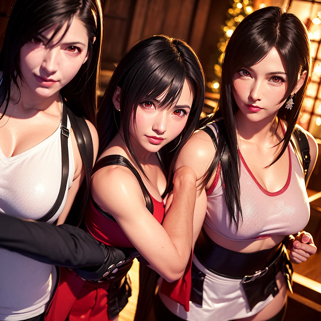 SFW, Two girls, Tifa_lockhart、suspenders、lowrise、a miniskirt、Tank Tops、Tense shirt、A darK-haired、length hair、Elbow gloves beautiful detailed red eyes face light、Christmas Style, christmas fashion, Christmas tree, Christmas Decorations, 8K, ((masutepiece)),(((top-quality))),((Ultra-detailed)),((((Realistic)))), Photorealsitic:1.37, (A hyper-realistic), (illustratio), (hight resolution), (ighly detailed), (best illustration beautiful detailed eyes), (Ultra-detailed細), (wall-), (Detailed face), (beautiful smiling face), (Beautiful expression), ((More top-quality skins:1.2)), ((Moisturizing skin)), ((Reddish blush)), gift coordination, Cool Beauty, Blonde colored hair, Christmas wrap detailed background, They both come through the door together., Have a Christmas gift, Have fun, With a popping smile, ((they happily exchanged gifts)), Inside the bar with a calm atmosphere, A scene from a fun Christmas 