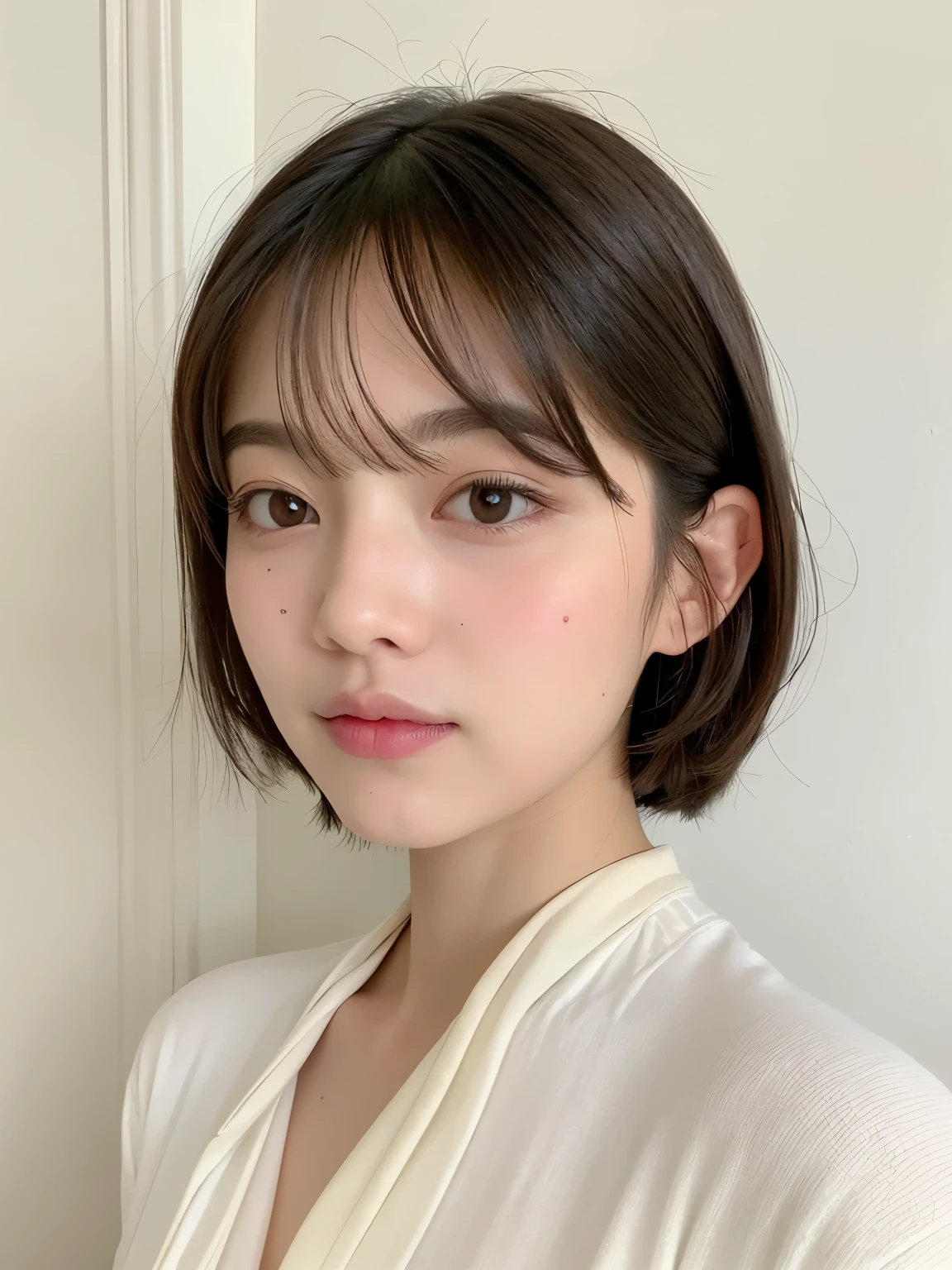 (top-quality、8k、32K、​masterpiece、nffsw:1.2)、cute little japanese women photos、large full breasts、very short bobbed hair、The upper part of the body、sface focus、Oversized_Sweaters、a necklace、simple background、From  above、looking at the viewerix4、(8k、Raw photography、top-quality、​masterpiece:1.2)、(realisitic、Photorealsitic:1.37)、1girl in、cute little、profetional lighting、photon maping、physically-based renderingt、Gradient Brunette Hair、short  curly hair、a handsome、Girly、superior image quality、hight resolution、1080P、(Clear face)、(Detailed face description)、(Detailed hand description)、(masuter piece)、(Exquisite CG)、 extreme light and shadows、hair messy、​masterpiece、lush detail、(Exquisite facial features)、(The highest image quality)、(​masterpiece)、(A detailed eye)、Looking forward to your eyes、Delicate collarbones、assorted poses、don&#39;t watch mela、profile、white walls、Taken in front of the white door、(white walls room with window)、Autumn clothes、Winter clothes、simple a necklace、Sweaters