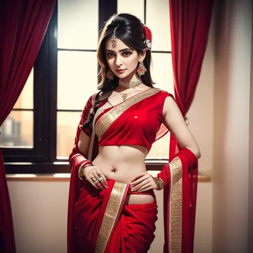 a woman in a red sari posing for a picture, featured on instagram, seductive, angular, , hot, sexy