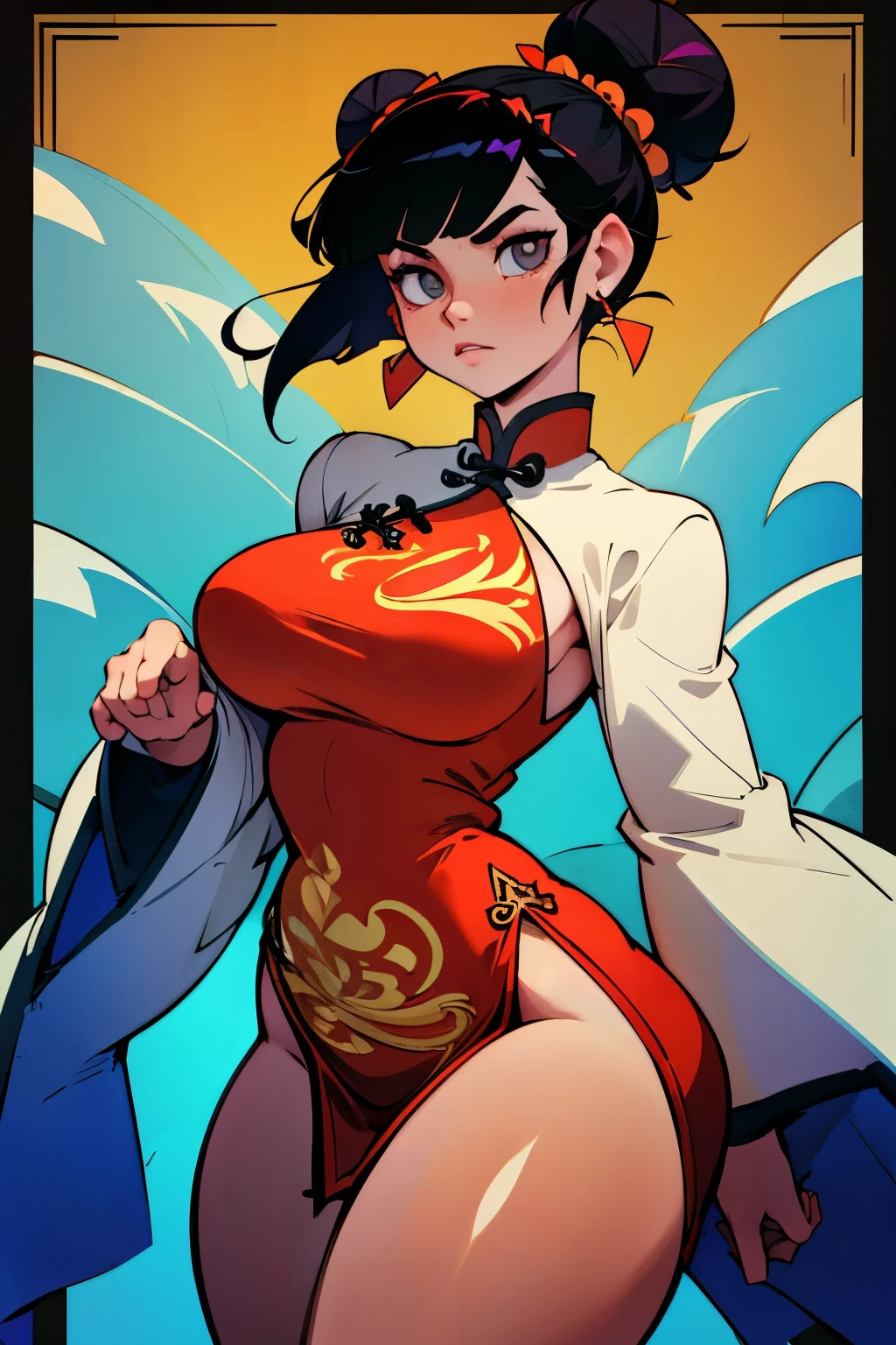 4k, high quality, soft light, cel shading, thick lines, short black bob hair, dark eyes, sexy, big breasts, thick thighs, wide hips, chinese dress, leg slit, muscular, toned, long flowing chinese dress, ornate, jewelry, hair bun, hair accessory