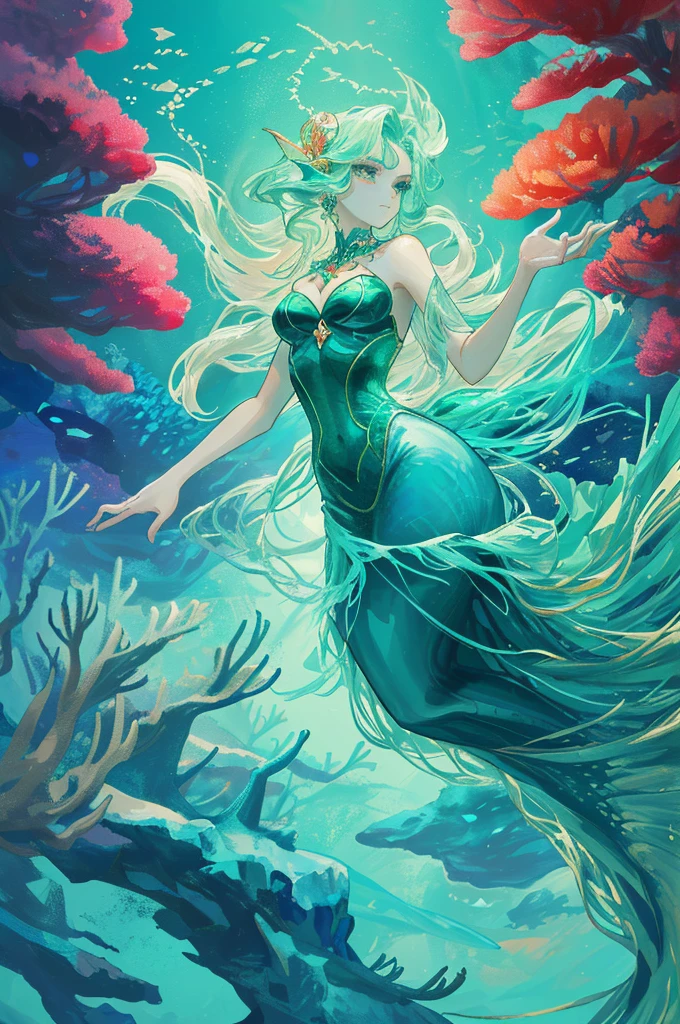 In the deep water of a coral reef, there is a mermaid that looks like a beautiful woman, the body color is more like emerald, the structure is a half mermaid, she looks at me from above, and I look at her from below, I hold a pearl in my hand --v 6