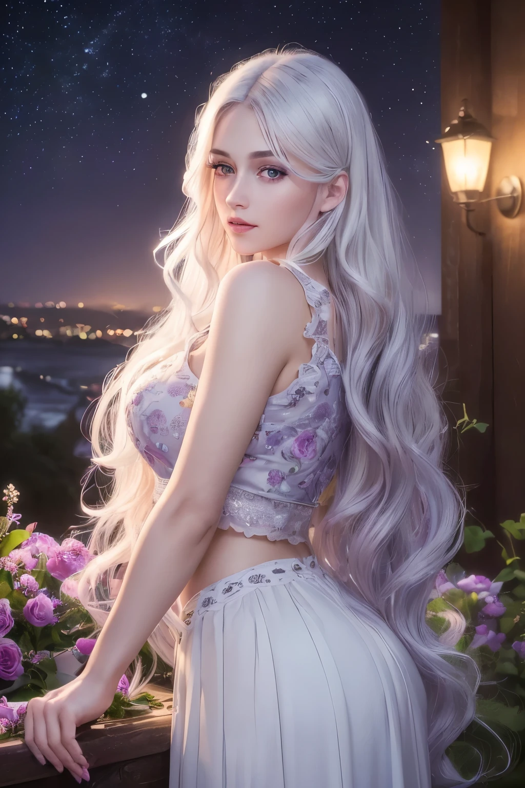 (best quality,4k,8k,highres,masterpiece:1.2),ultra-detailed,(realistic,photorealistic,photo-realistic:1.37),oil painting,beautiful detailed eyes,beautiful detailed lips,long eyelashes,purple eyes,girl with long white hair,blushing,wearing a cropped top and a skirt,night scene,moonlight,flowers,shining eyes,sunlight