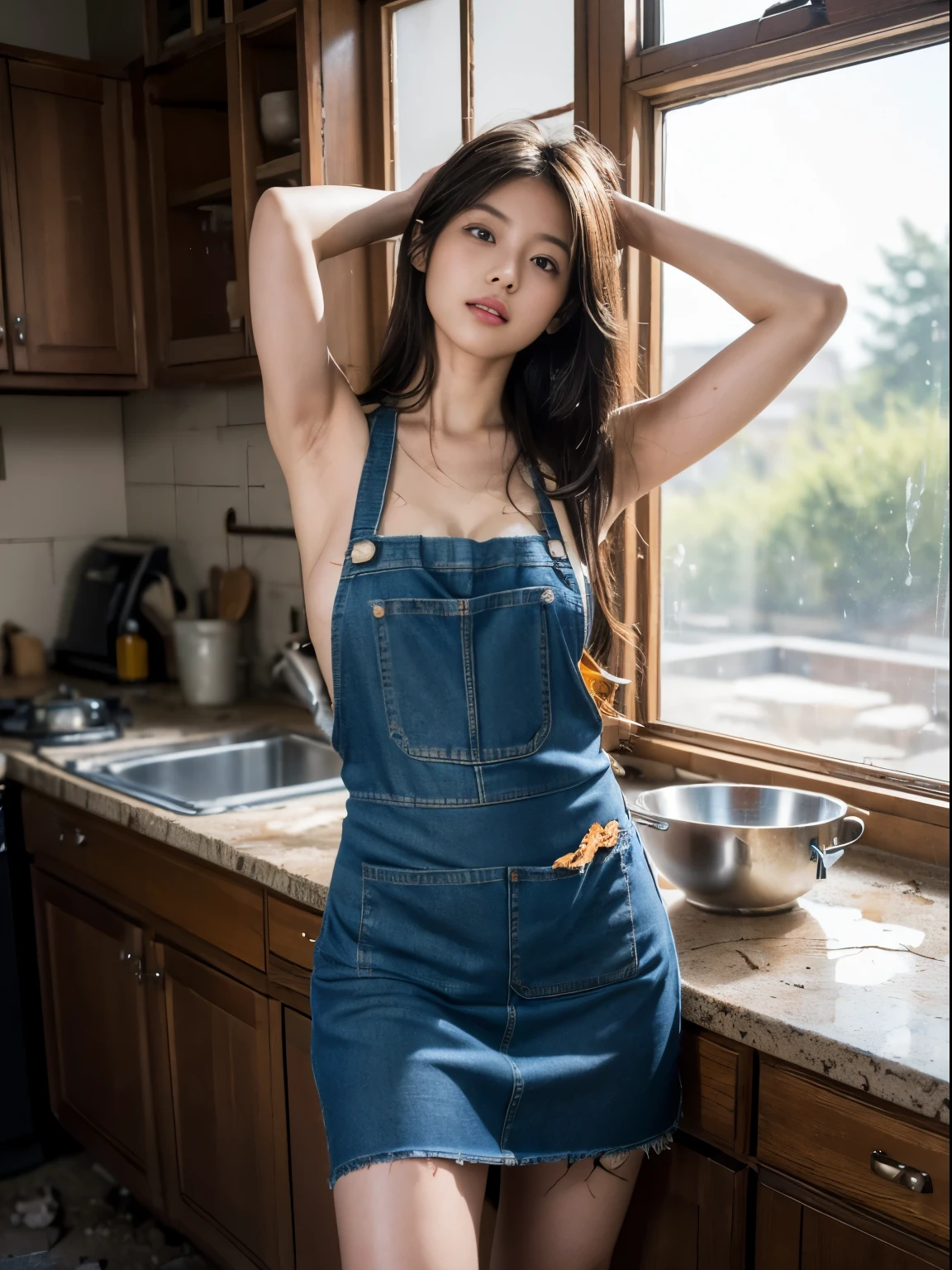 raw photo, 8k, (top-quality), Realistic, (real picture, Intricate details), (natural skin texture, detailed skin, hyper realism, sharpness), (Japanese college girl standing in an abandoned kitchen, hands behind head, naked, armpits exposed), ((wearing short denim apron over naked, dirty apron, tattered apron, torn apron)), Fair skin, sweaty skin, ((long hair, one-length hairstyle)), (seductive face, Parted lips, tilt head), cleavage, thighs exposed, kitchen being demolished, dusty kitchen, cracked wall, Messy floor, Pile of rubble:1.3, broken window, cracked Window glass, ashtray, side lighting:1.3, sunset light, Full body shot