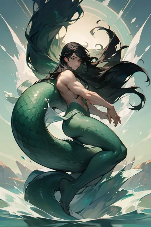 merman, with tail, long tail, flowing black hair, beautiful boy, full body, perfect, well detailed, well defined, ultra realisti...